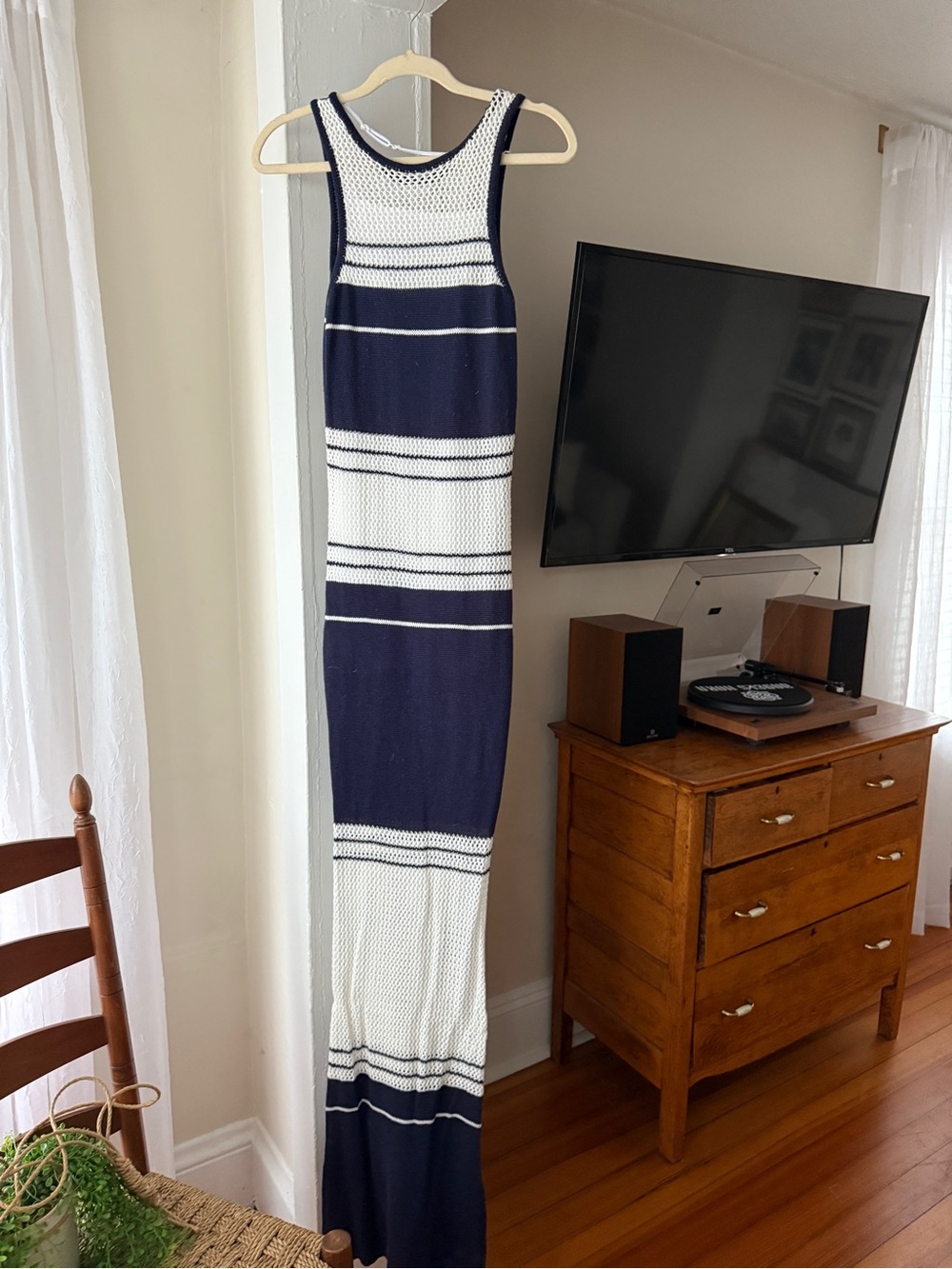 VENUS Navy & White Open Knit Maxi Dress Size Small Coastal Nautical with slip